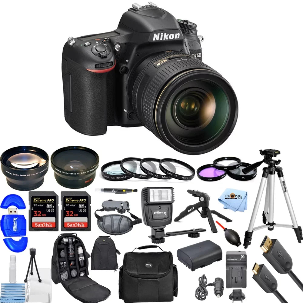 D750 24.3MP DSLR Camera with 24-120mm Lens (Black) Top Value Bundle Includes: Extra Battery and Charger, Dual Sandisk Extreme Pro 32GB (64GB) SD, Flash, Backpack, Filter Kit, Tripod, Telephoto a