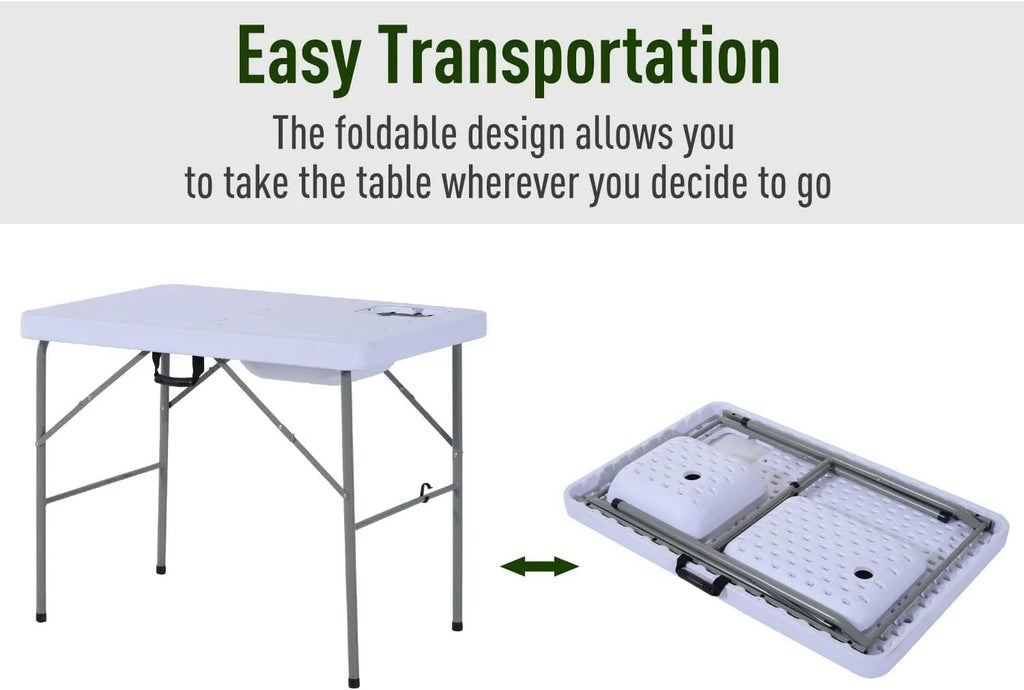 Folding Camping Table with Faucet and Dual Liquid Basins, Outdoor Fish Table Sink Station, for Picnic, Fishing, 40''