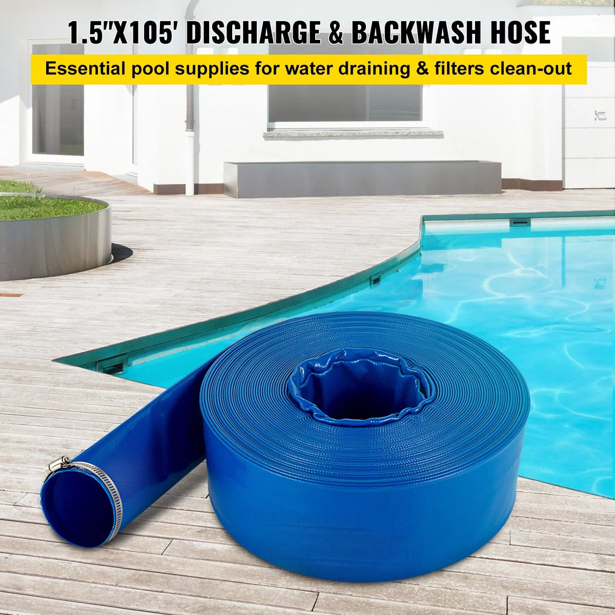 VEVOR Discharge Hose, 1-12" x 105', PVC Fabric Lay Flat Hose, Heavy Duty Backwash Drain Hose with Clamps, Weather-proof & Burst-proof, Ideal for Swimming Pool & Liquid Transfer, Blue