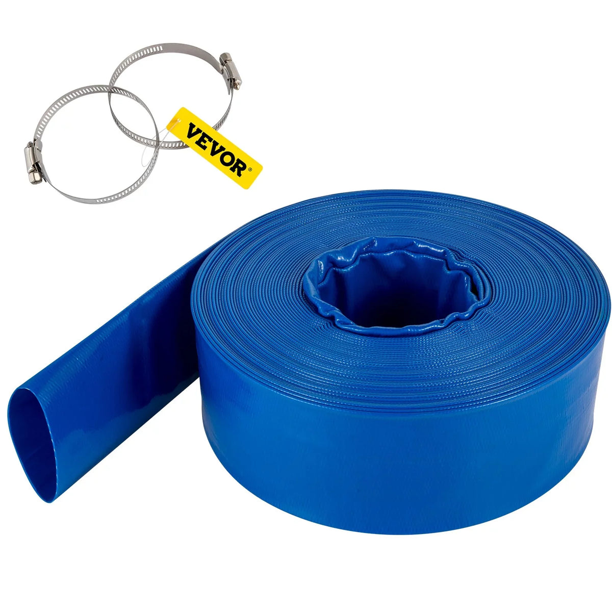 VEVOR Discharge Hose, 1-12" x 105', PVC Fabric Lay Flat Hose, Heavy Duty Backwash Drain Hose with Clamps, Weather-proof & Burst-proof, Ideal for Swimming Pool & Liquid Transfer, Blue