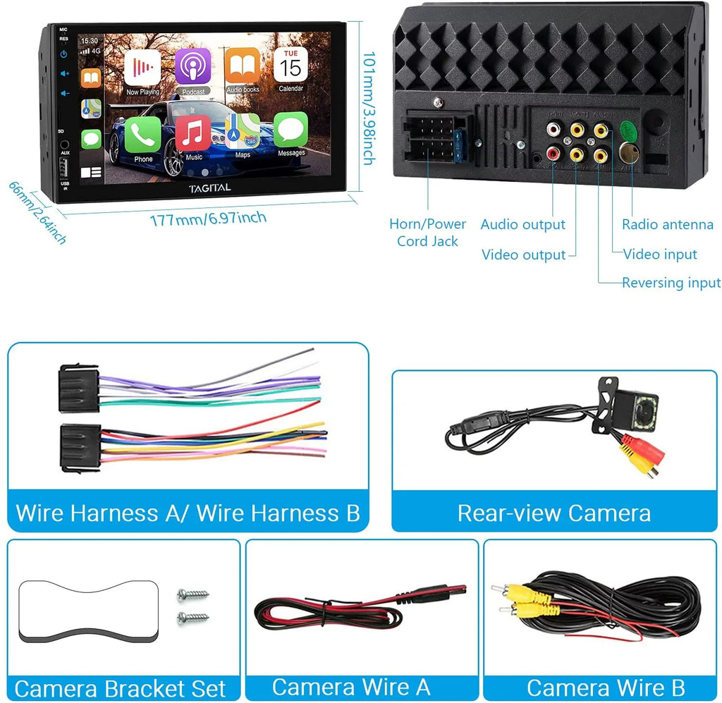 Tagital Double Din Car Stereo Carplay &Android Auto, 7 Inch HD LCD Touch Monitor with Bluetooth, MP5 Player, Backup Camera, Mirror Link