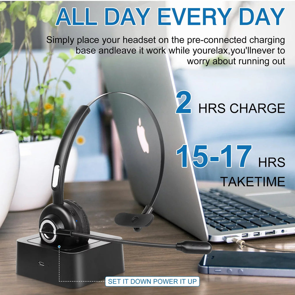 Comfortable Bluetooth Headset, UX-M97 Wireless Headset with Microphone, Wireless Cell Phone Headset with Noise Isolation Mic Charging Base Mute Function for Oppo F9 (F9 Pro) With Charging Dock