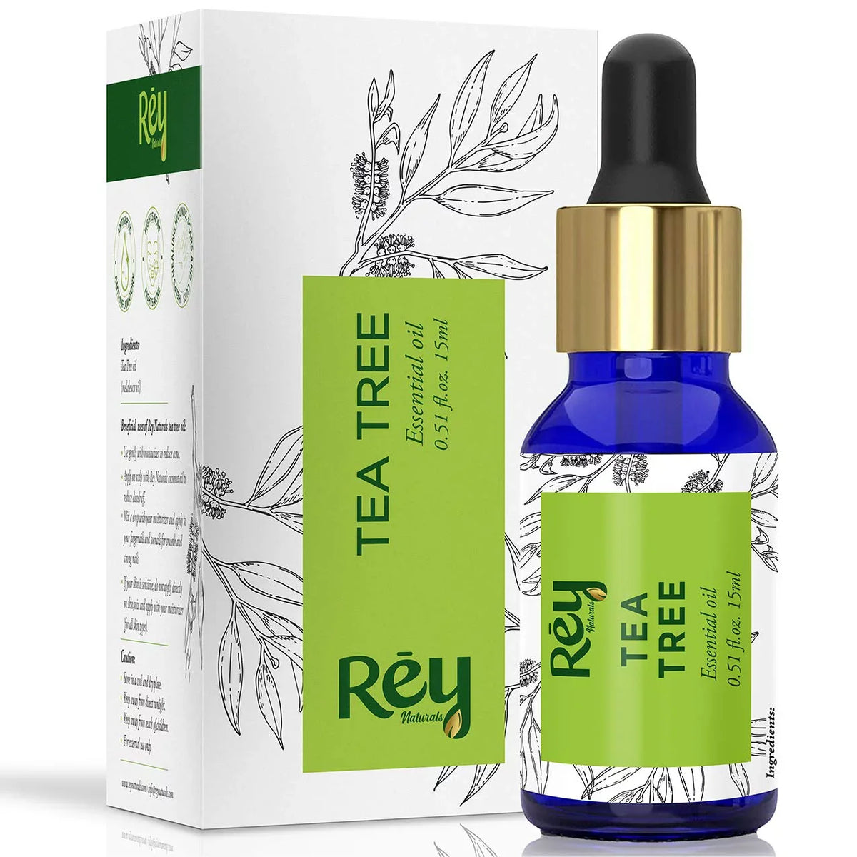 Rey Naturals Tea Tree Oil | Tea Tree Essential Oil for Hair, Skin and Face Care - 100% Pure Tea Tree Oil for Dandruff, Acne, Aromatherapy, Stress, and