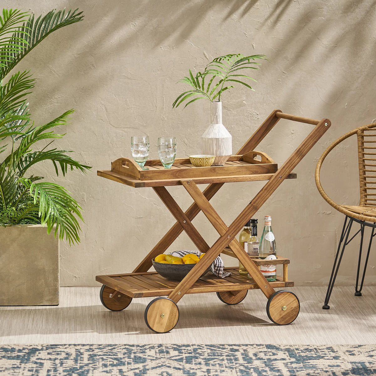 GDF Studio Kenilworth Indoor/Outdoor Acacia Wood 2 Tiered Bar Cart, Natural