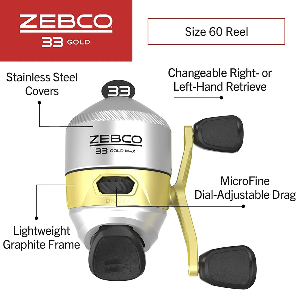 Zebco 33 MAX Gold Spincast Fishing Reel, 2+1 Bearings with a Smooth and Powerful 2.6:1 Gear Ratio and Instant Anti-Reverse, Lightweight Graphite Frame and a MicroFine Dial-Adjustable Drag, Silver/Gold