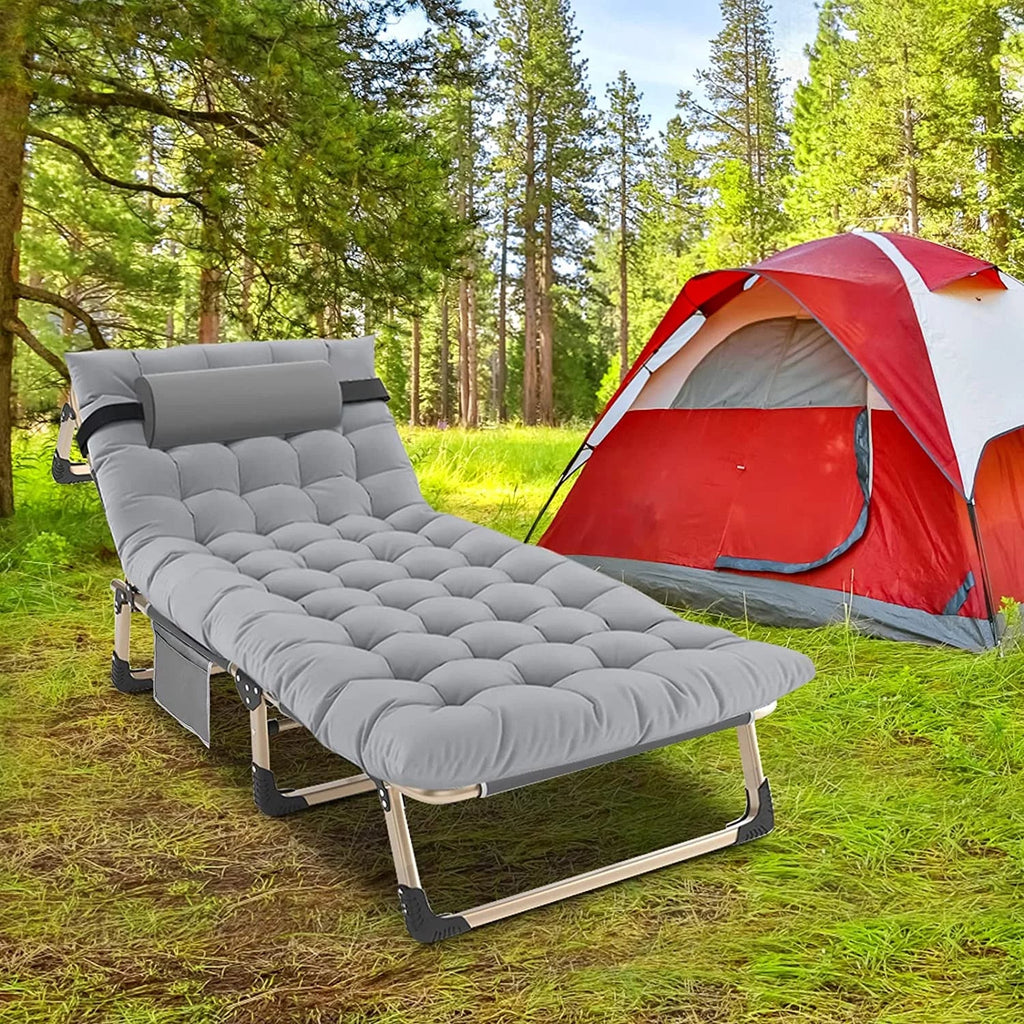 ABORON 4-Fold Portable Folding Chaise Lounge Chair,Camping Cot, with Pillow and Mattress, Adjustable Patio Recliner for Garden Beach Outdoor/Indoor