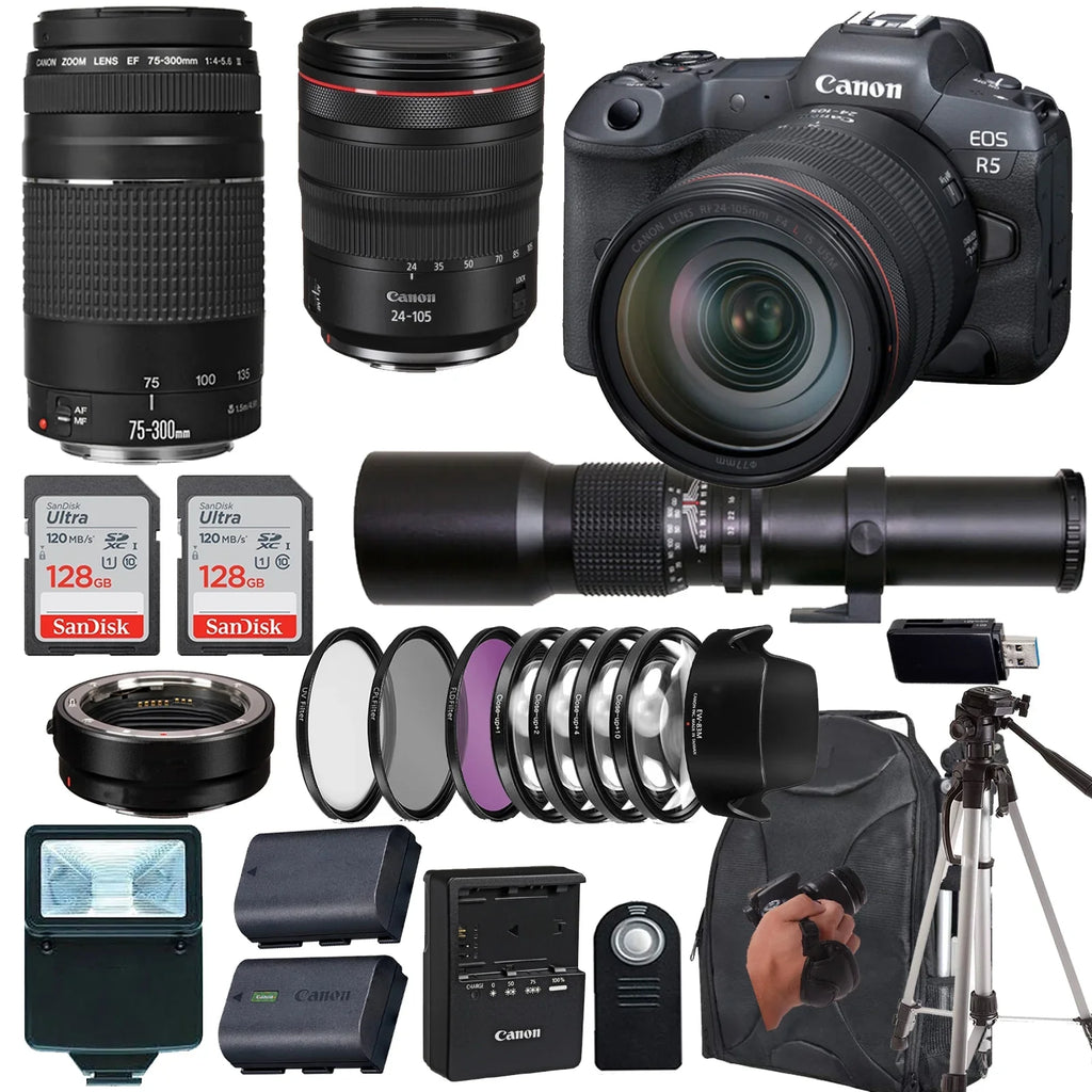 EOS R5 Mirrorless Camera with RF 24-105mm f/4 L IS USM Lens+ EF 75-300mm f/4L III Lens+500mm f/8 Preset Telephoto Lens+case+256Memory Cards (24PC)