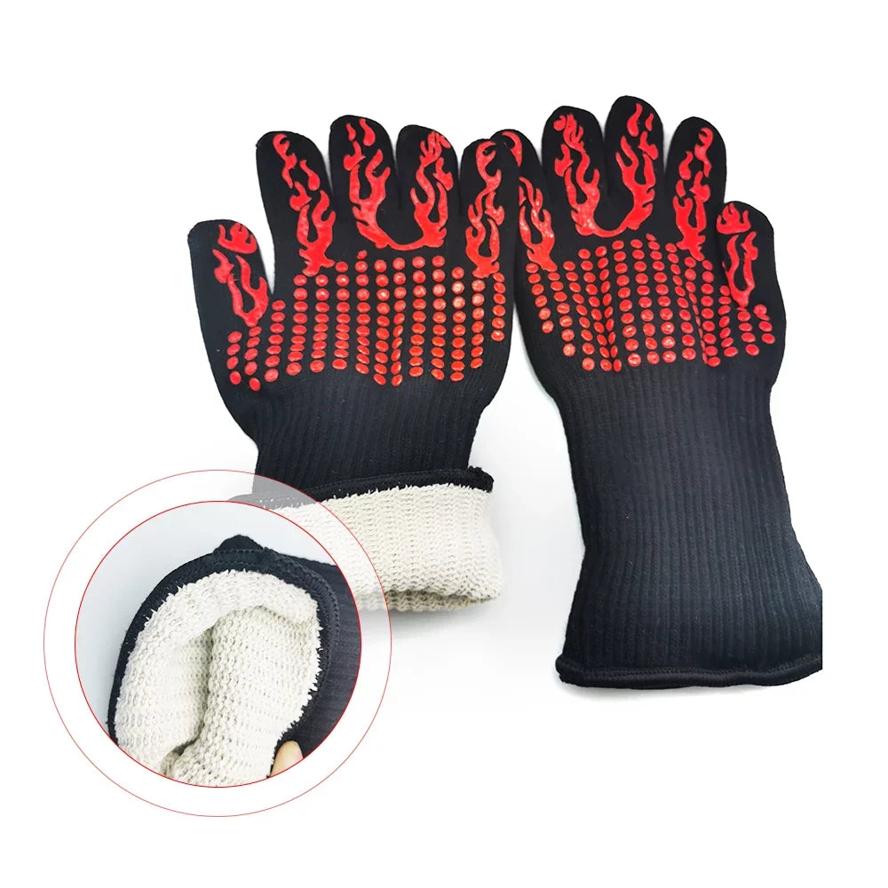 CACAGOO Barbecue Gloves with Silicone -slip Stripe Heat Proof Oven Gloves 500~800℃ Heat Resistant Grill Gloves for Outdoor Barbecue Garden Grilling Kitchen Cooking Welding