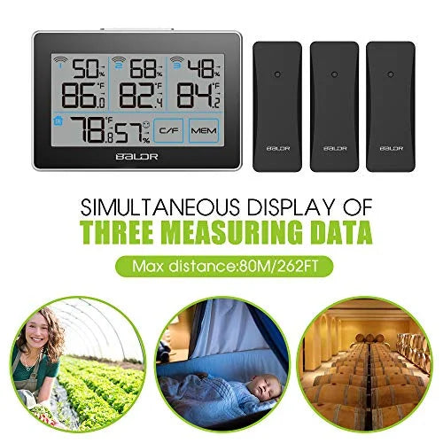 BALDR Digital Wireless Weather Station with 3 Remote Sensors, Real-Time Humidity Meter and Temperature Tracker with LCD, Display Built-in Stand and Hanging Slot, 262 ft Max Distance - Black