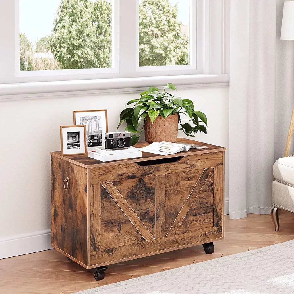 WAGEE Storage Chest, Storage Trunk on Wheels, Sturdy Storage Bench Supports 220 lb, Wooden Entryway Bench, Shoe Bench, Movable, Safety Hinge, U-Shaped Opening, Easy Assembly, Rustic Brown FG74CW01