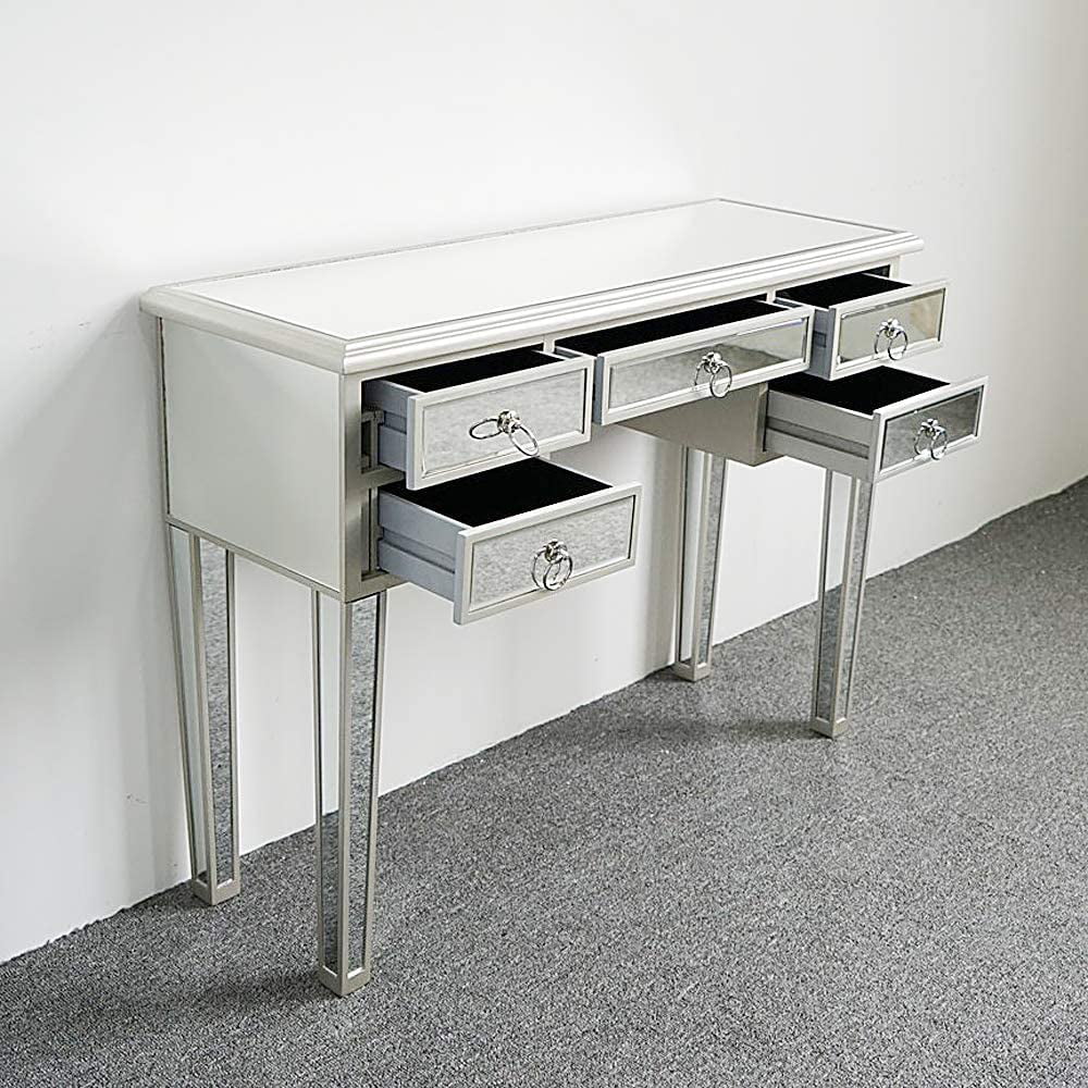 TJUNBOLIFE Mirrored Console Table 5-Drawer Console Sofa Entry Table with Two Drawers Antique Silver/Mirror