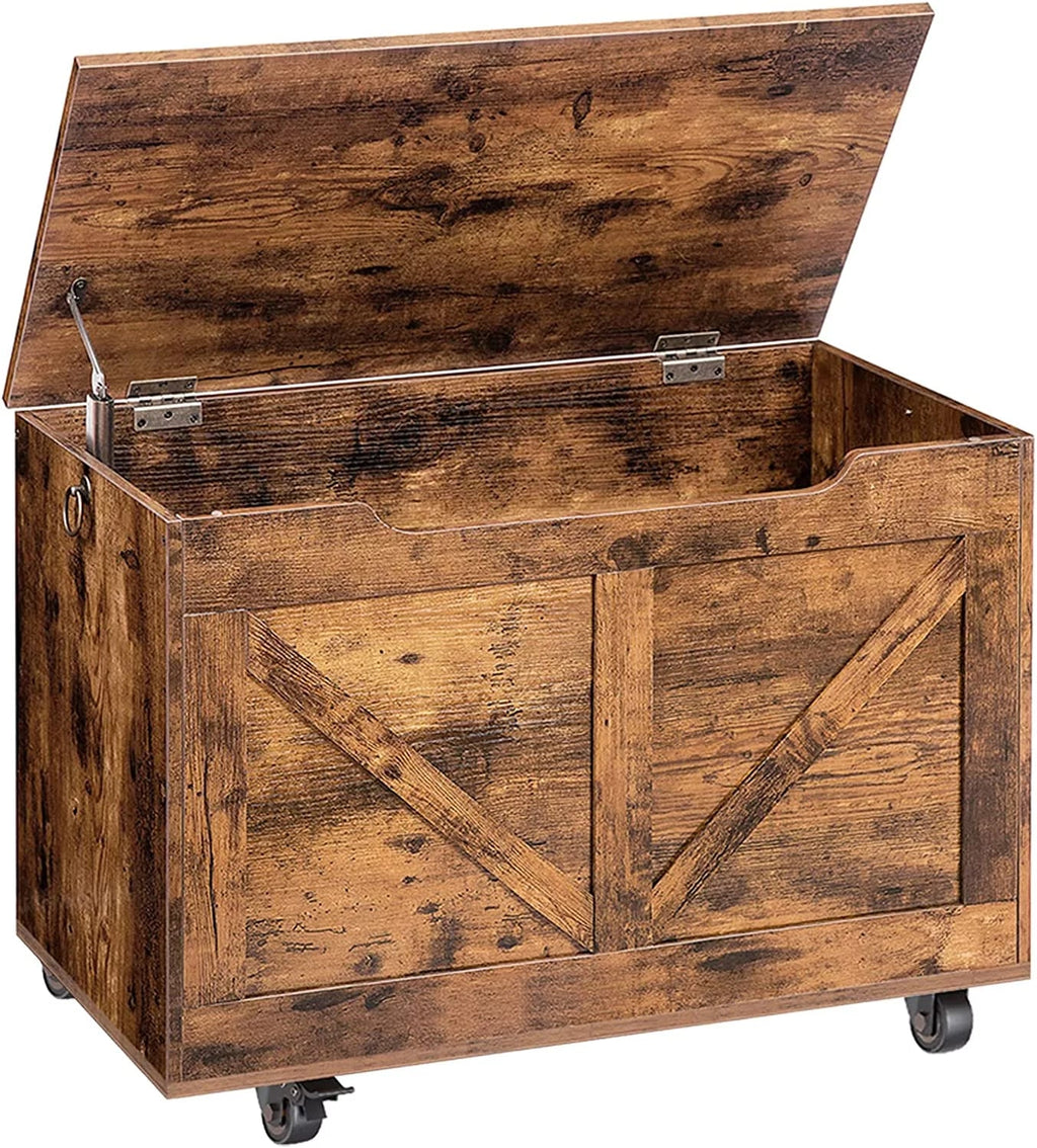 WAGEE Storage Chest, Storage Trunk on Wheels, Sturdy Storage Bench Supports 220 lb, Wooden Entryway Bench, Shoe Bench, Movable, Safety Hinge, U-Shaped Opening, Easy Assembly, Rustic Brown FG74CW01