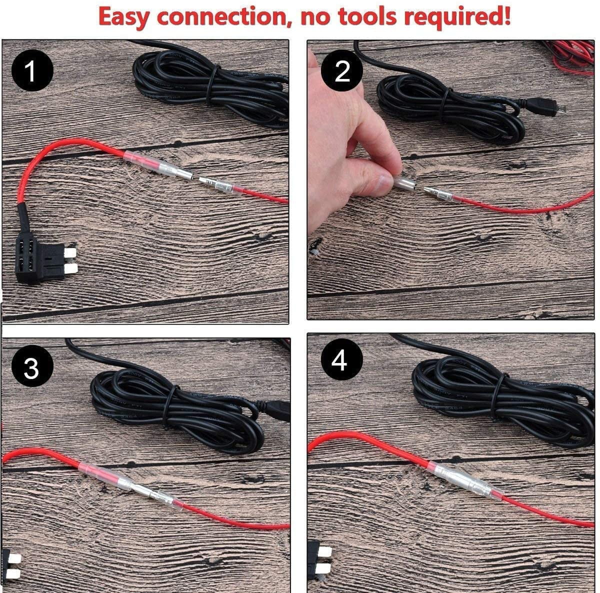 Dash Cam Hardwire Kit, Mini USB Port, DC 12V - 24V to 5V/2A Max Car Dash Camera Charger Cable kit with Fuse, Low