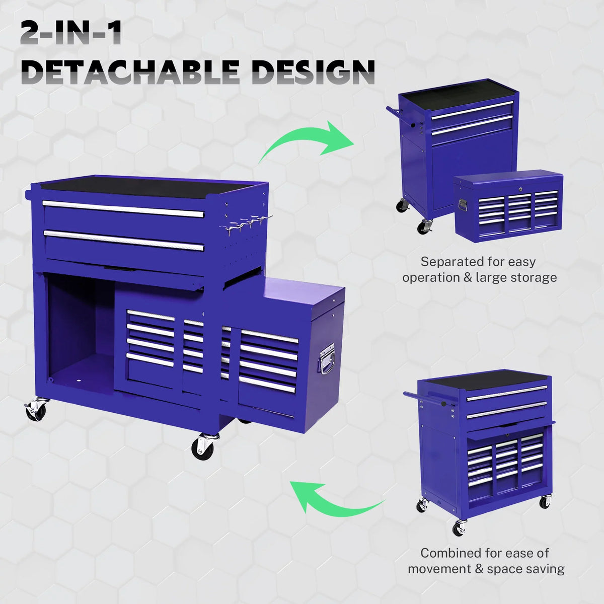 Tool Chest with Drawers, 2-IN-1 Rolling Tool Chest & Cabinet Large Capacity with 8 Drawers, Lockable Tool Box Organizer On Wheels with Sliding Drawers, Hidden Double Tool Box, Blue
