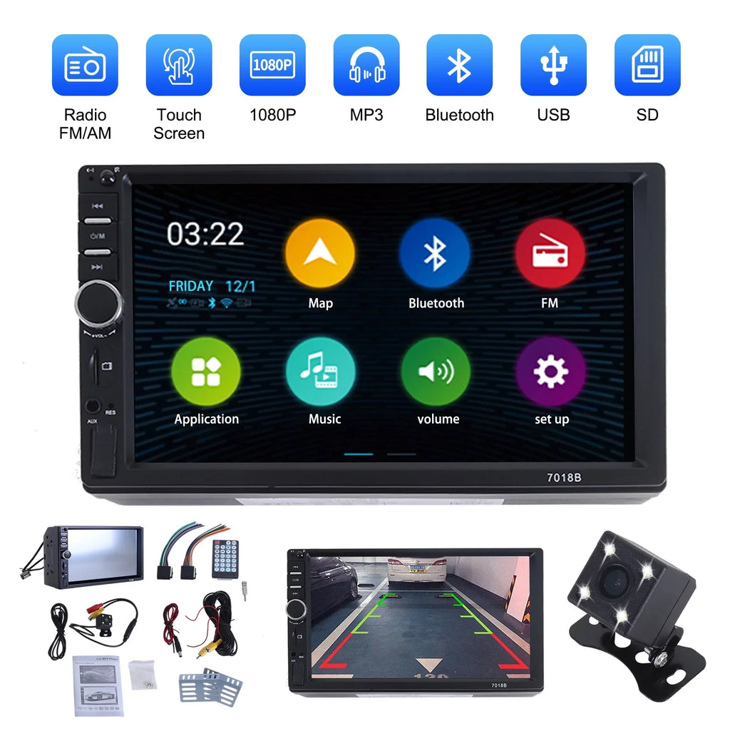 Double Din Car Stereo, 7In HD Bluetooth Car Radio MP5 Player Touch Monitor with Backup Camera, Vehicle Audio Receiver with Mirror Link, USB/Car Audio Receiver