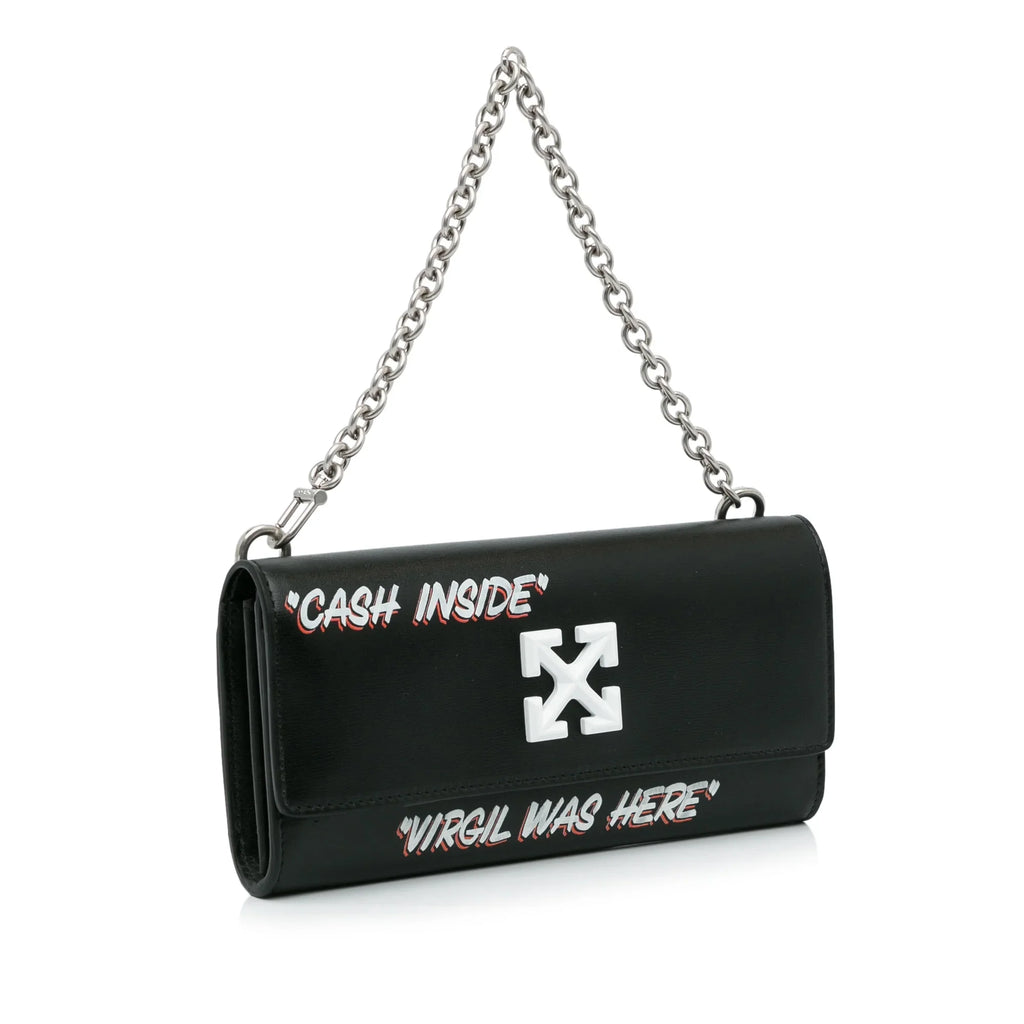 Pre-Owned Authenticated Off-White Jitney Quote Wallet on Chain Calf Leather Black Shoulder Bag Unisex (Like New)