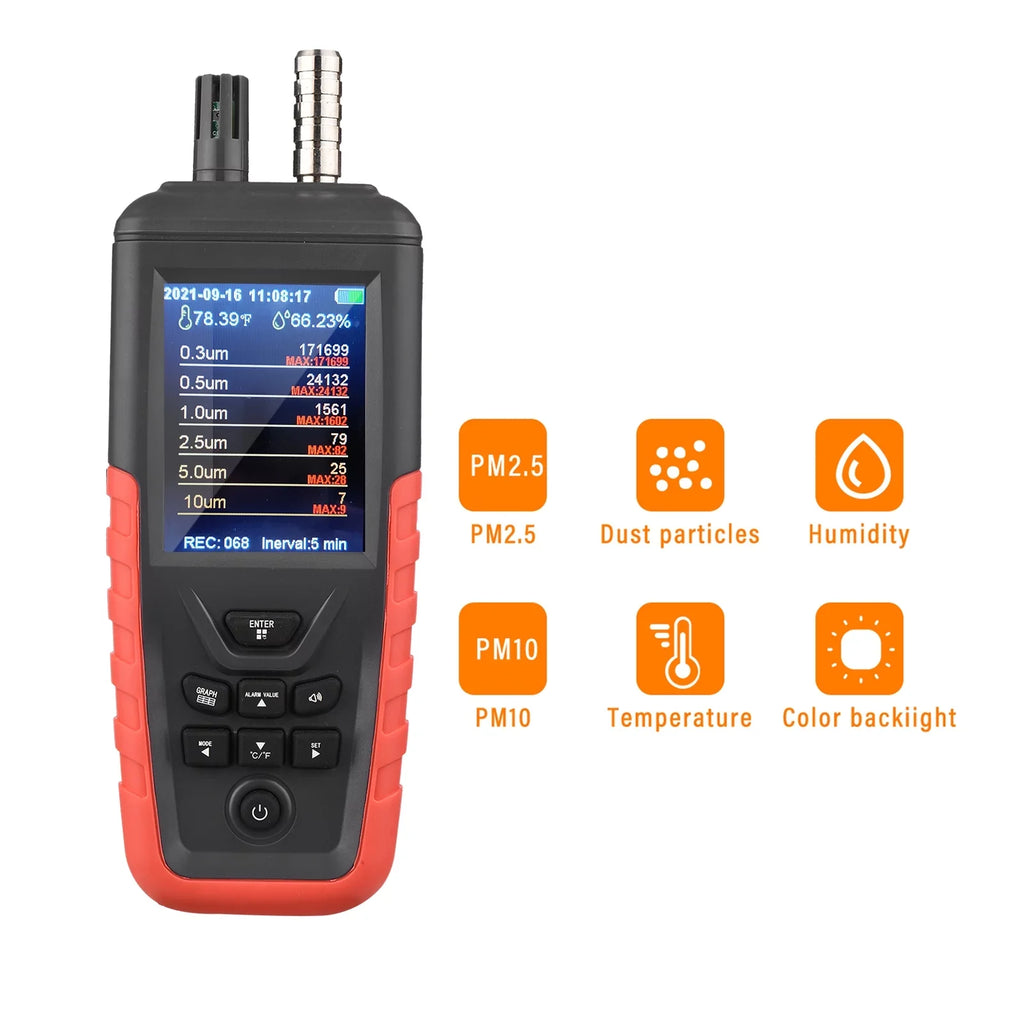Walmeck Dust Particle Counter 6-Channel 0.3um/ 0.5μm/ 1.0μm/ 2.5μm/ 5.0μm/ 10um PM2.5 PM10 Detector with 3.2-inch Backlight TFT Color Display Air Quality Tester Temperature Humidity Home Offi
