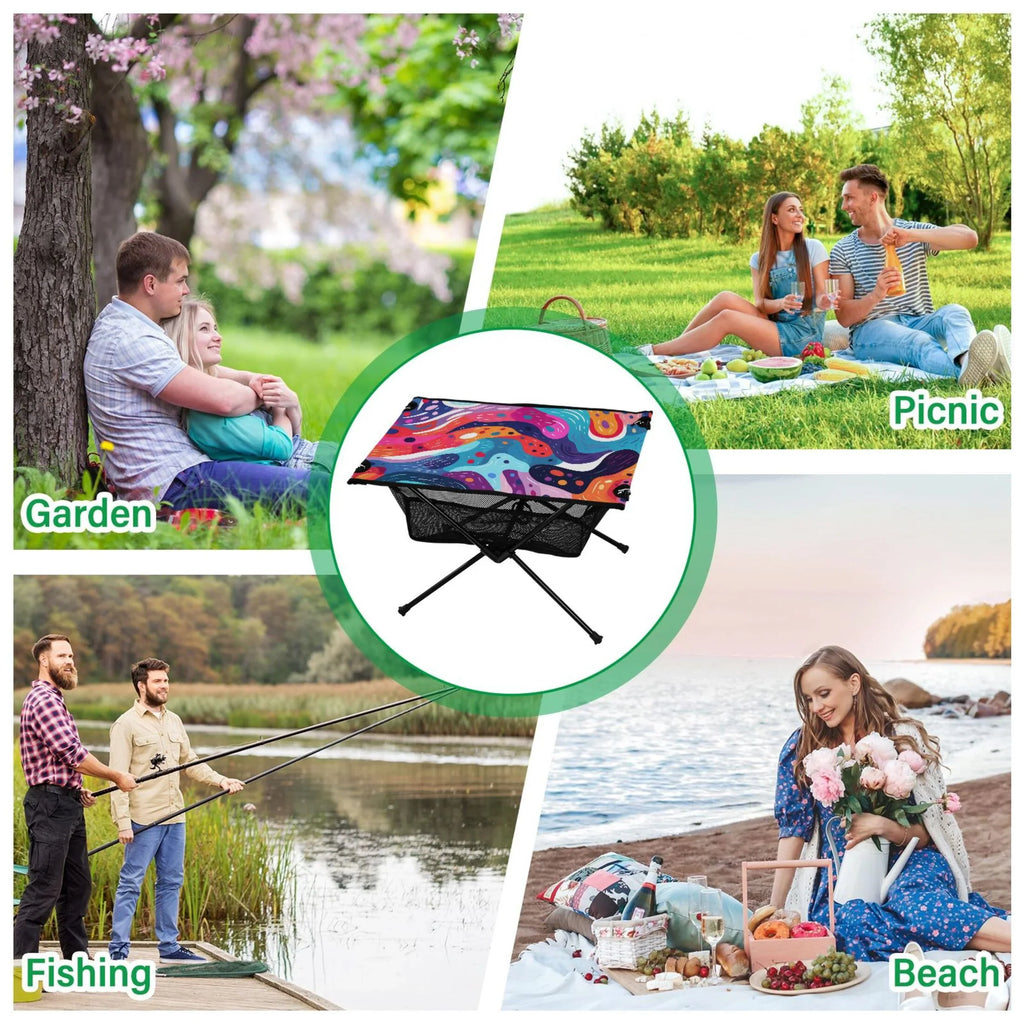 Abstract Art Paint Camping Folding Table Portable Beach Table with Storage Bag Compact Picnic Table for Outdoor Travel Fishing BBQ
