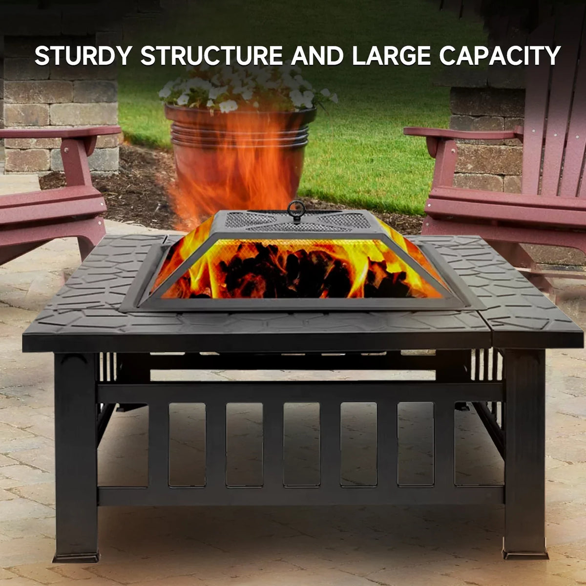 GSE Games & Sports Expert 32" Heavy Duty Square Patio Wood Fire Pit Table with Spark Monitor Cover, Log Grate, Liquid Cover and Fire Poker for Outdoor Backyard, Garden, Bonfire