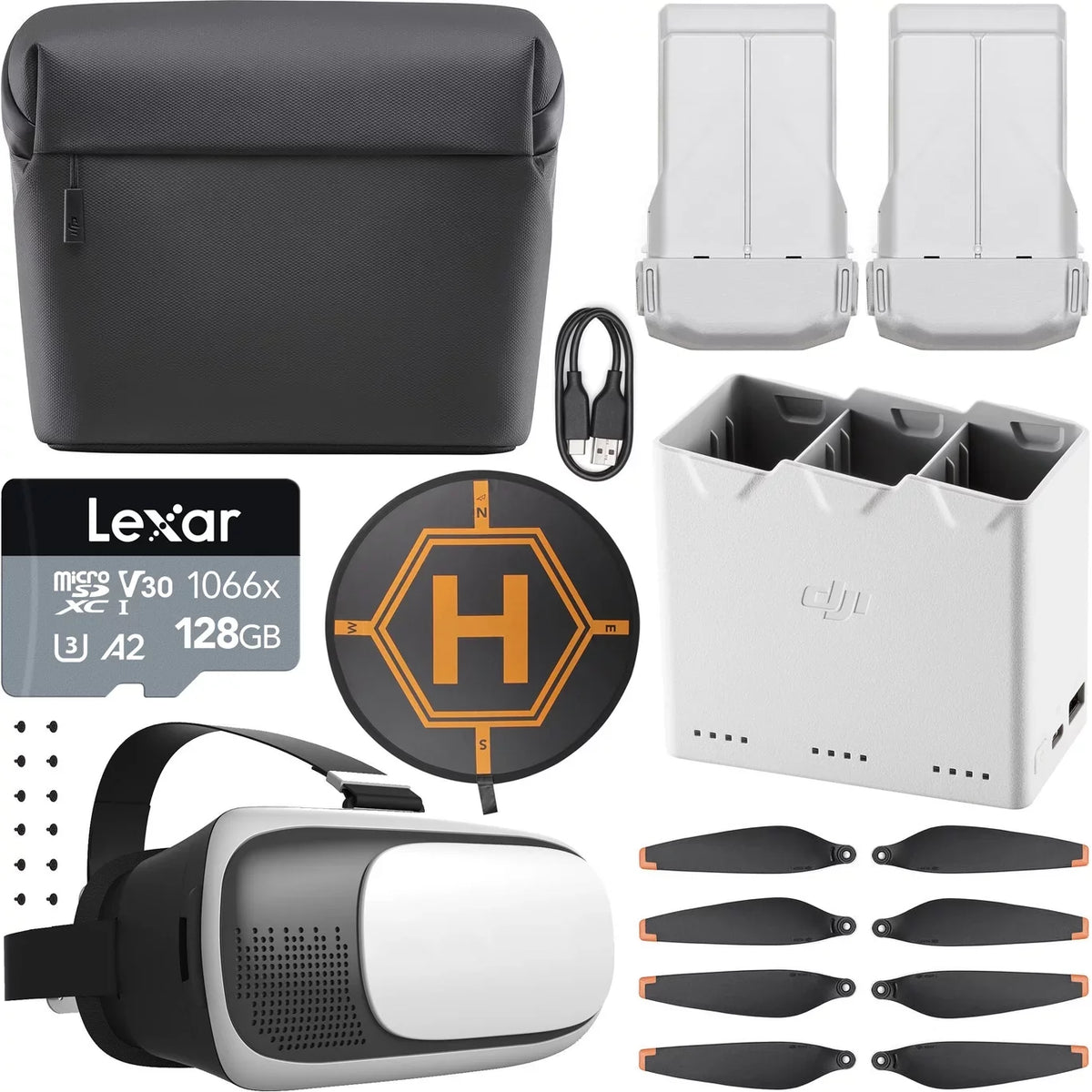 DJI Mini 3 Pro Fly More Kit Plus CP.MA.00000496.01 with 2 DJI Mini 3 Series Processor Flight Battery Plus, Charging Hub, Shoulder Bag Bundle with 128GB Card+ Deco Gear Drone Landing Pad+FPV Headset