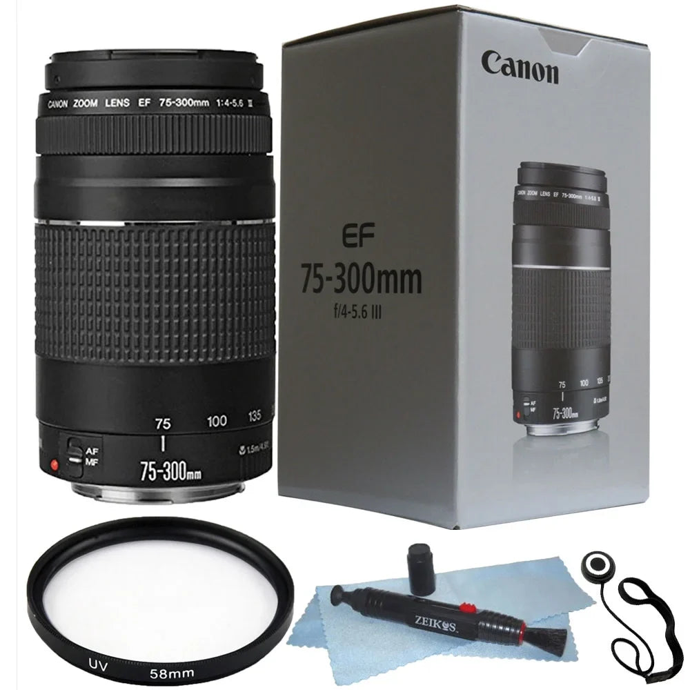 EF 75-300mm f/4.0-5.6 III Lens + 58mm UV Filter + Lens Pen + Cap Holder