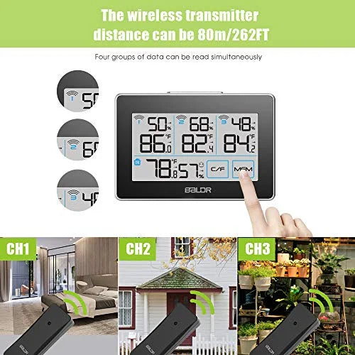 BALDR Digital Wireless Weather Station with 3 Remote Sensors, Real-Time Humidity Meter and Temperature Tracker with LCD, Display Built-in Stand and Hanging Slot, 262 ft Max Distance - Black