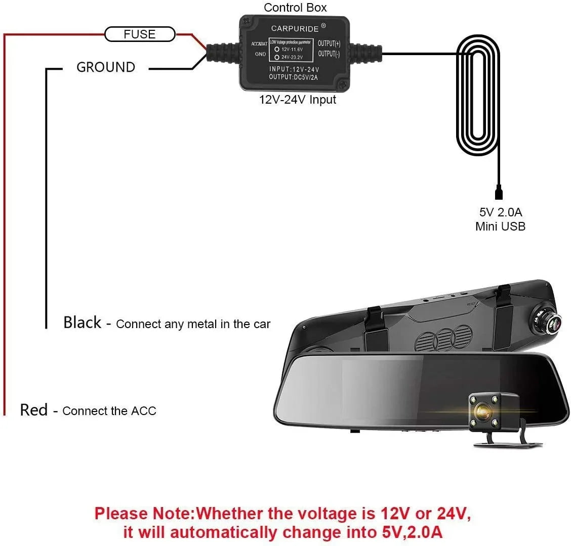 Dash Cam Hardwire Kit, Mini USB Port, DC 12V - 24V to 5V/2A Max Car Dash Camera Charger Cable kit with Fuse, Low