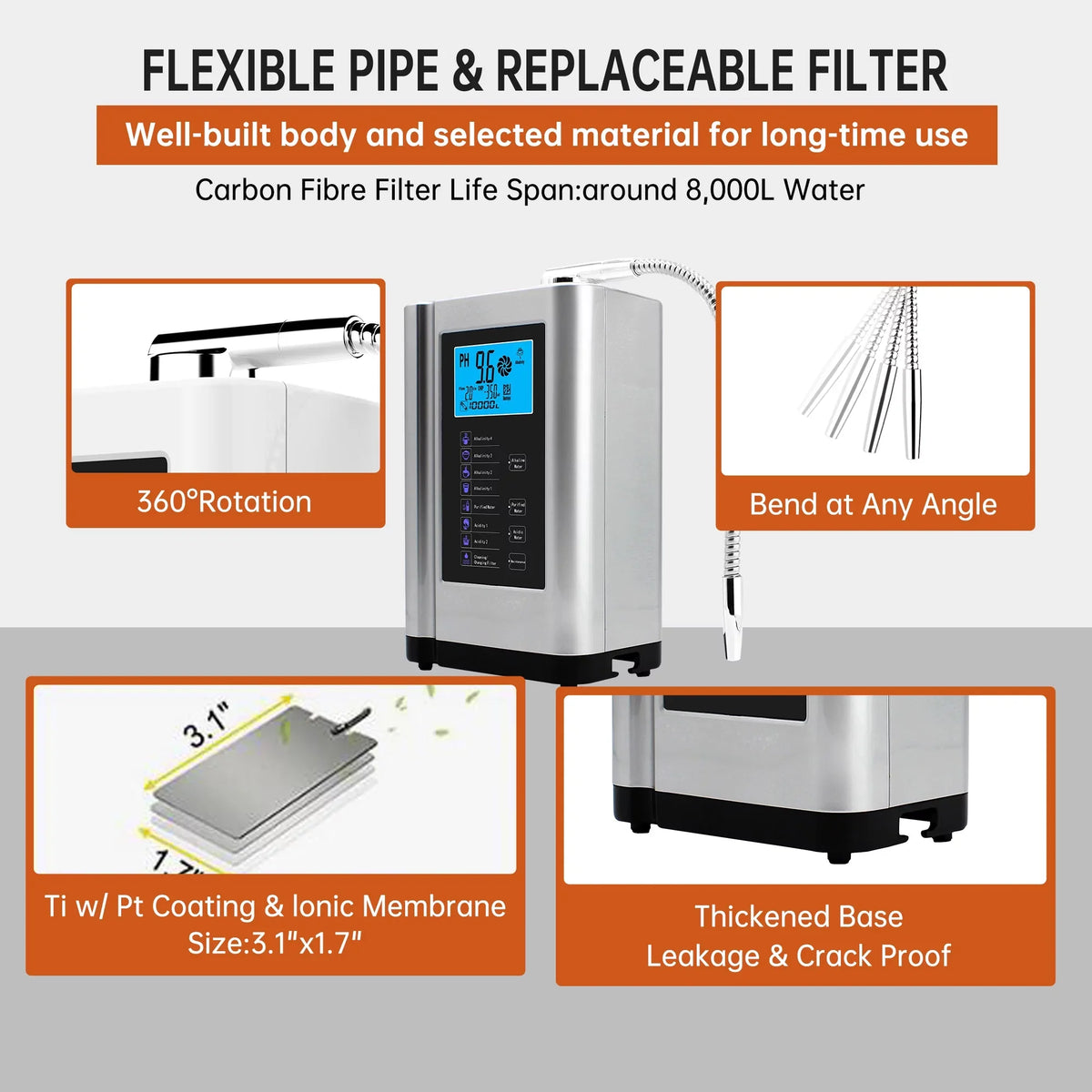 Alka Liquid Ionizer, Liquid Purifier Machine PH 3.5-10.5 Alkaline Acid Liquid Machine,Up to -500mV ORP, 8000 Liters Per Filter,7 Liquid Chipset Voice(Silver)