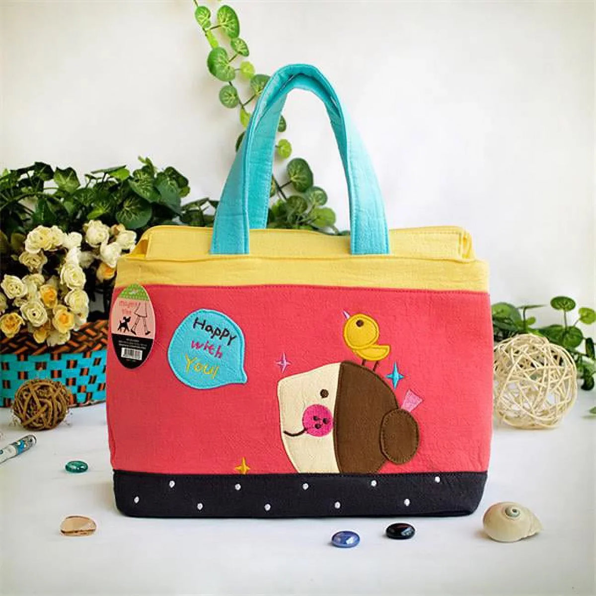 BE-1-RED 9.3 x 7.2 x 4.2 in. Happy with You - Embroidered Applique Fabric Art Tote Bag & Shopper Bag