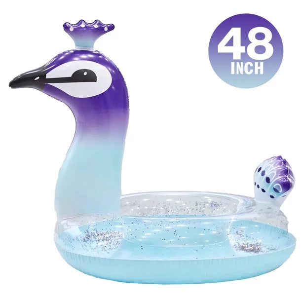 Melia Swim Party Toys Inflatable Glitter Pool Float Peacock Designed with Fast Valves Lounge Raft Decorative Liquid Game Summer Beach Party for Kids | 48 Inch