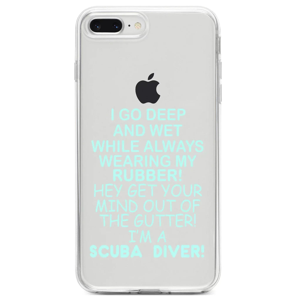 DistinctInk Clear Shockproof Hybrid Case for iPhone 7 PLUS / 8 PLUS (5.5" Monitor TPU Bumper Acrylic Back Tempered Glass Display Protector - I Go Deep & Wet Wearing My Rubber Scuba Diving