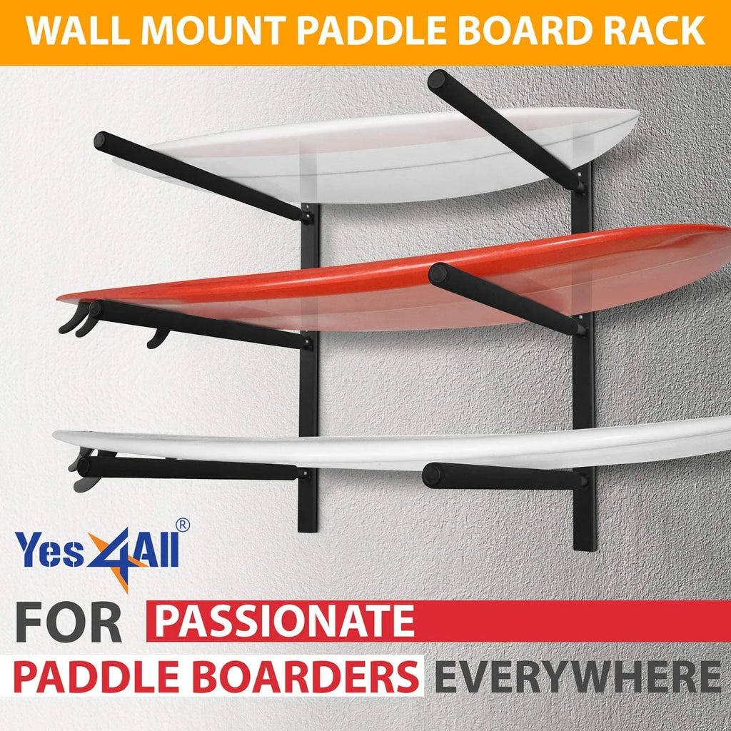 Yes4All Heavy Duty Steel Wall Mount Paddle Board Racks, Surfboard Hanger with Padded Foam, Store & Display Up to 3 Surfboards, Snowboards, Longboards, Black, 34.25" x 5.51" x 3.54"