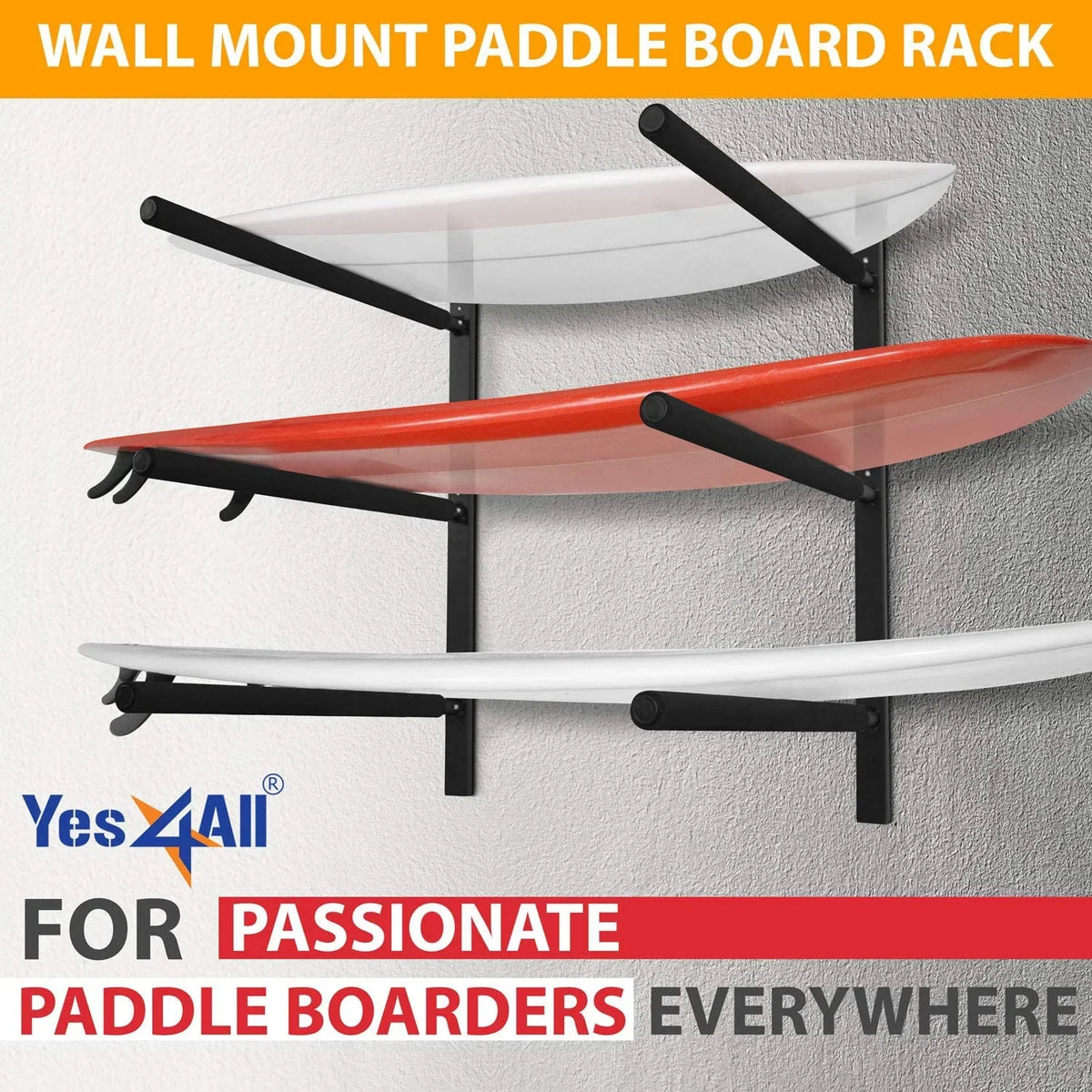 Yes4All Heavy Duty Steel Wall Mount Paddle Board Racks, Surfboard Hanger with Padded Foam, Store & Display Up to 3 Surfboards, Snowboards, Longboards, Black, 34.25" x 5.51" x 3.54"