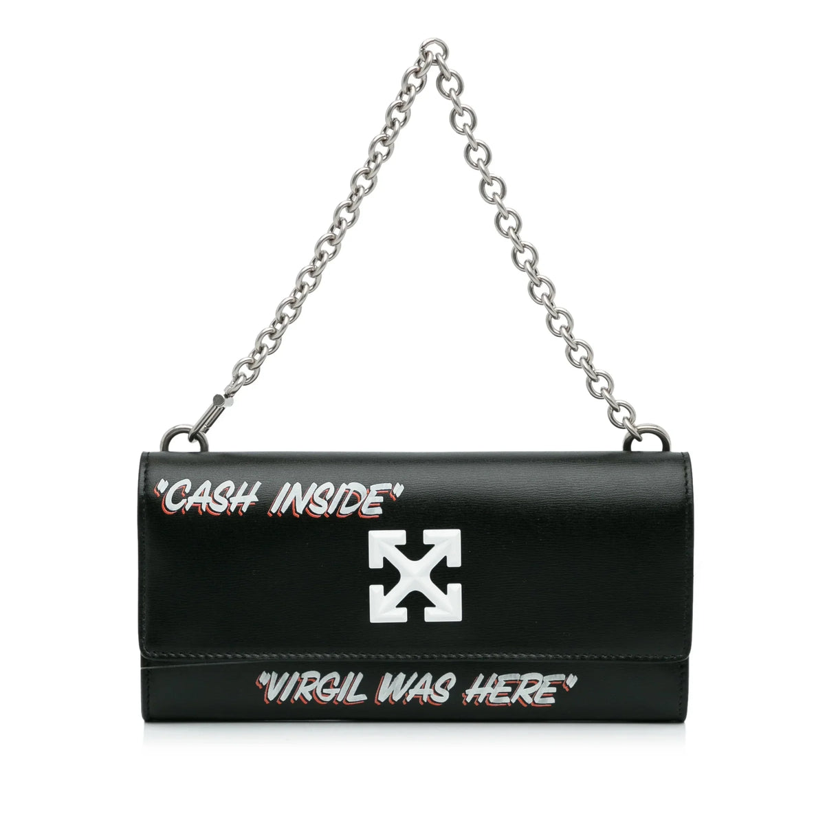 Pre-Owned Authenticated Off-White Jitney Quote Wallet on Chain Calf Leather Black Shoulder Bag Unisex (Like New)