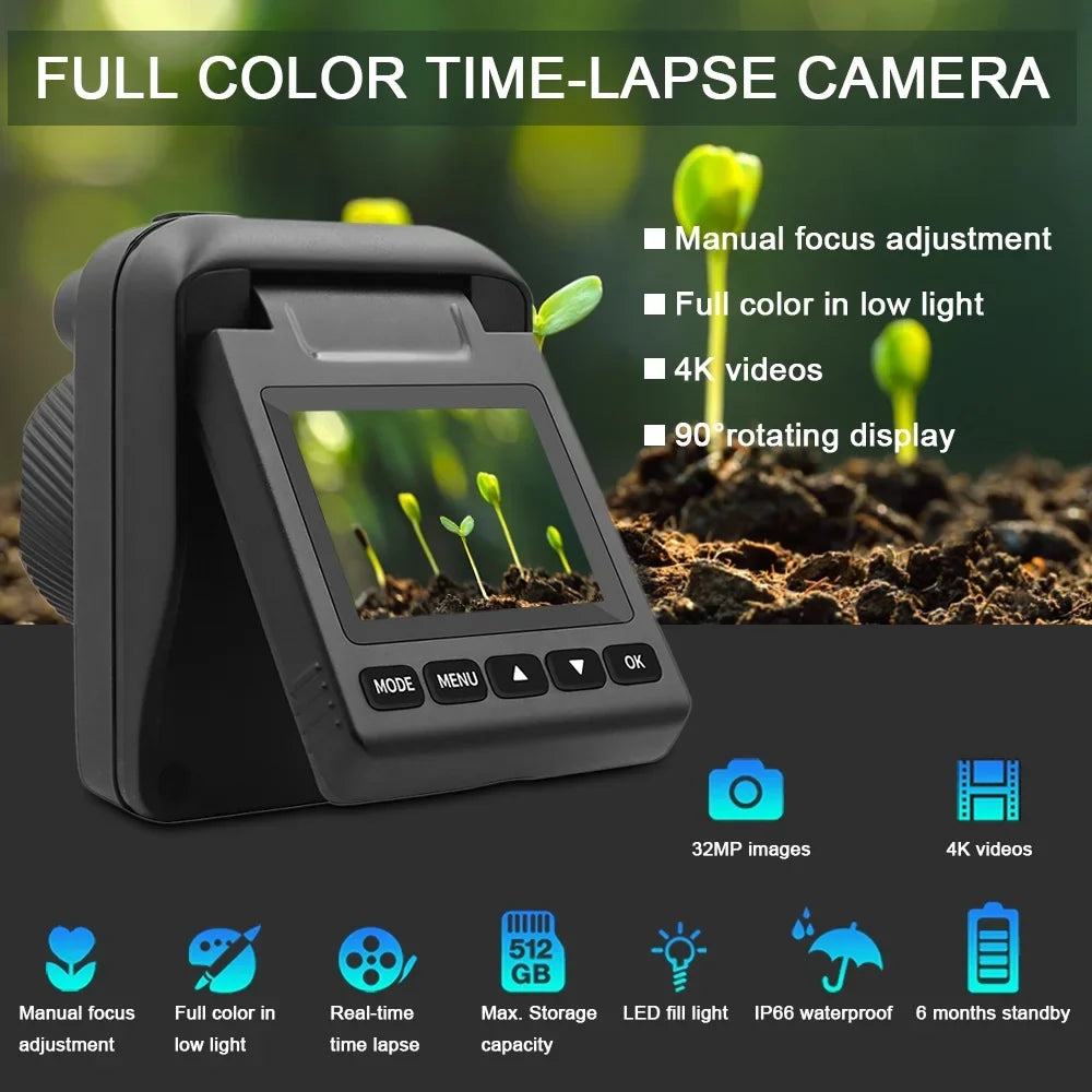 Htovila Camcorder,32MP 4K Fluid Time Lapse Camera Liquid Timelapse Camera Monitor 6 Months 6 Months Battery 4K Fluid Timelapse Outdoor Camera 32MP 4K Camera 90 Display Plant ADBEN LAOSHE