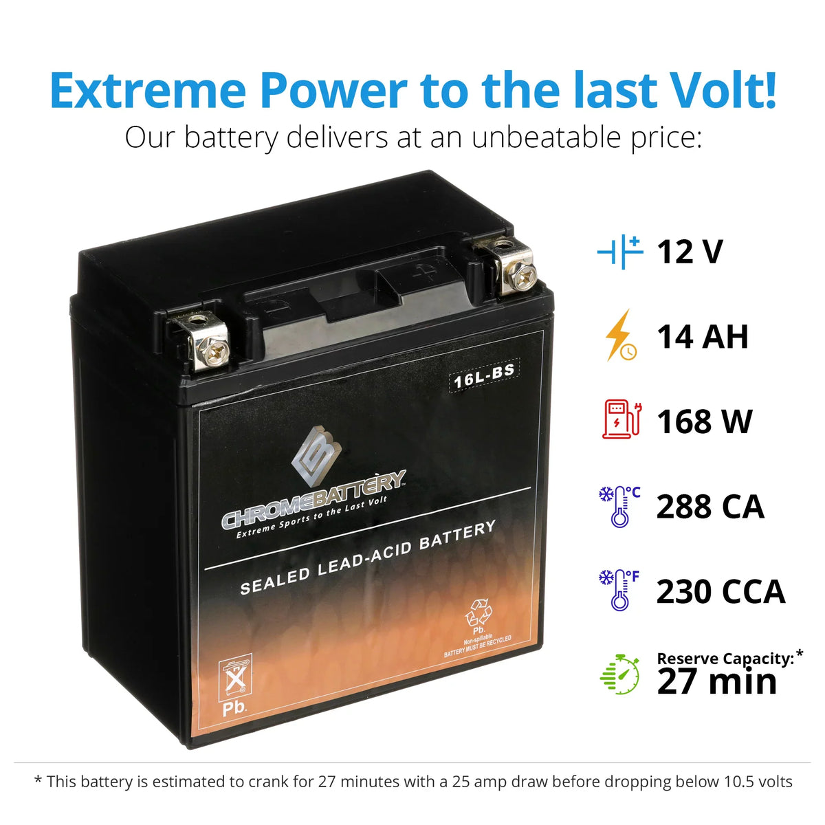 Chrome Battery Ytx16l-bs (16l-bs 12 Volts,14 Ah, 230 Cca) Jet Ski Battery for Polaris
