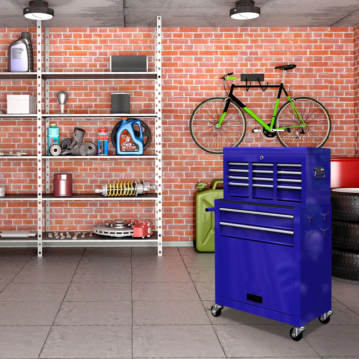 Tool Chest with Drawers, 2-IN-1 Rolling Tool Chest & Cabinet Large Capacity with 8 Drawers, Lockable Tool Box Organizer On Wheels with Sliding Drawers, Hidden Double Tool Box, Blue