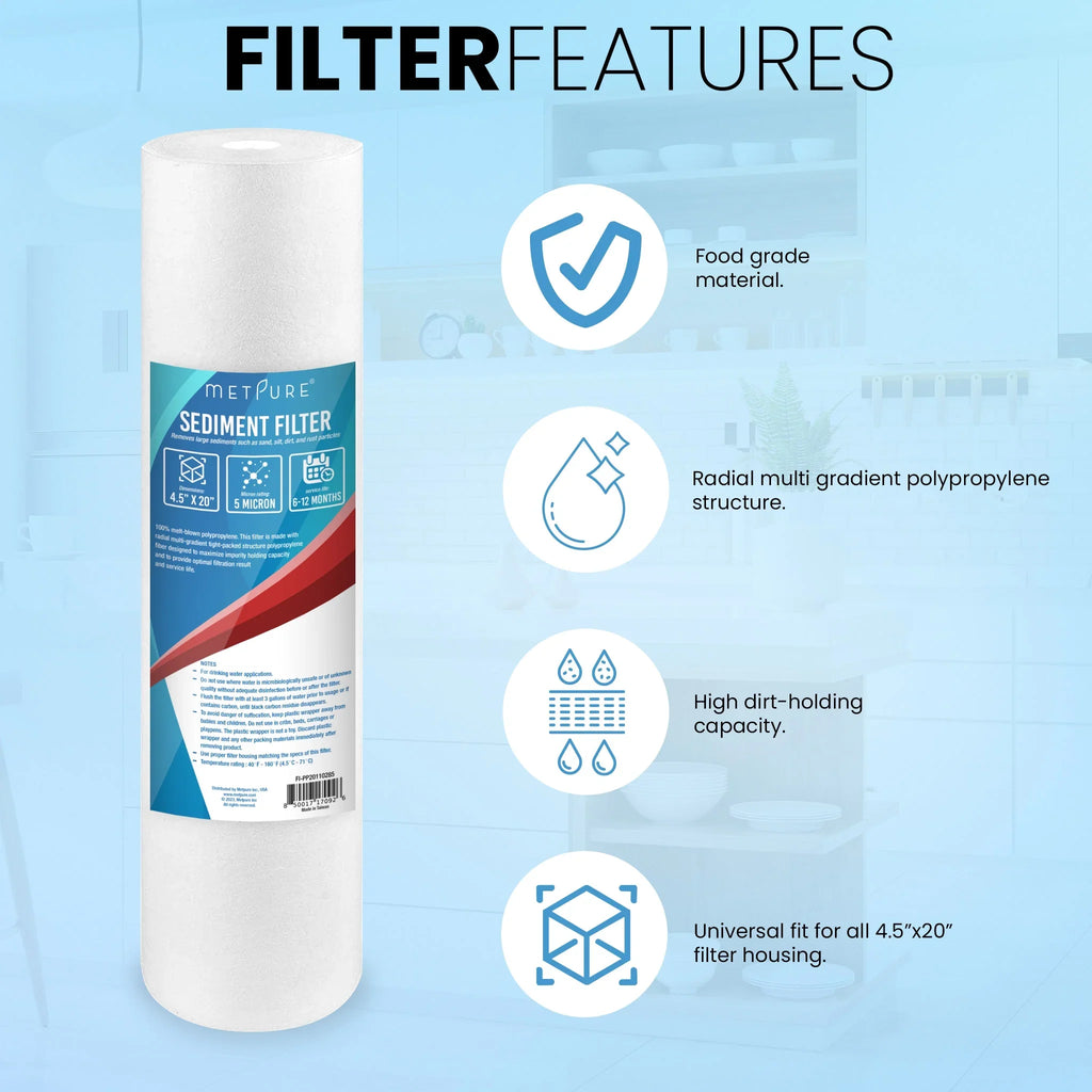 20" x 4.5" Whole House Sediment Liquid Filter Cartridge - 5 Micron Melt-Blown Polypropylene 20-inch Fluid Filter Replacement. Compatible with Hydronix, Pentek DGD Series, and more. 2 Pack