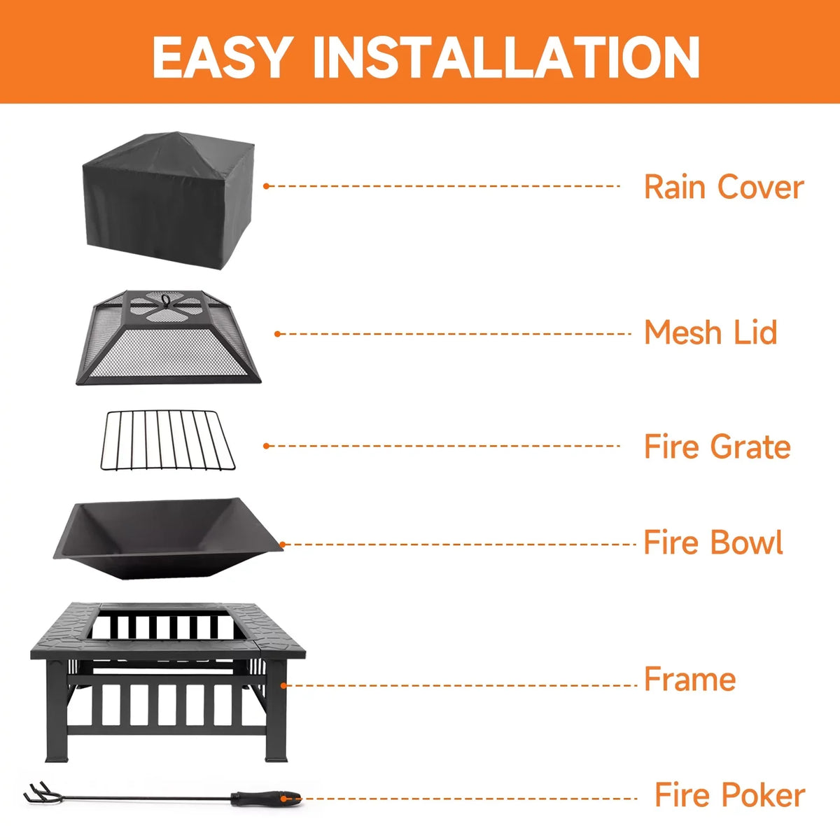 GSE Games & Sports Expert 32" Heavy Duty Square Patio Wood Fire Pit Table with Spark Monitor Cover, Log Grate, Liquid Cover and Fire Poker for Outdoor Backyard, Garden, Bonfire