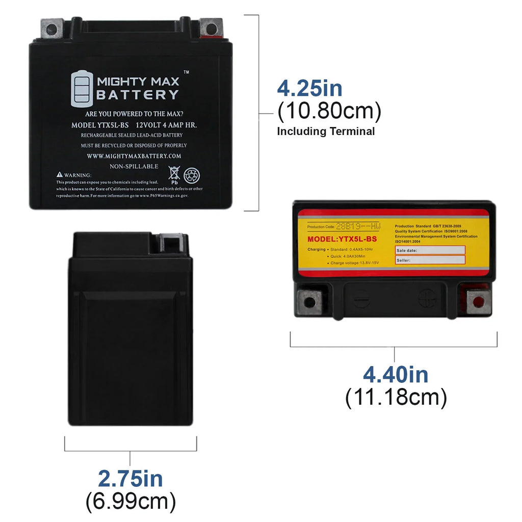 YTX5L-BS 12V 4AH Battery Replaces Yamaha 230 TTR230 05-20 - 4 Pack