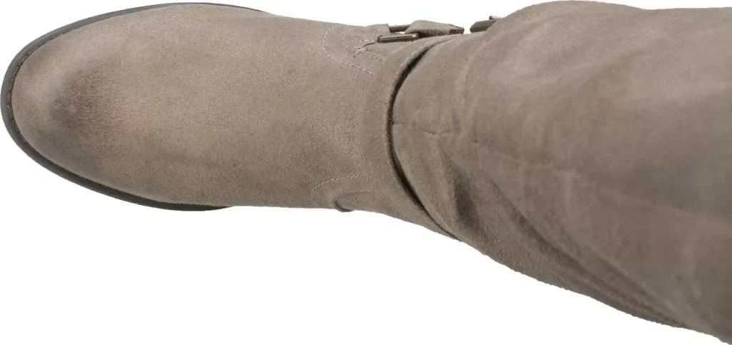 WHITE MOUNTAIN Womens Beige Studded Stretch Gore Cushioned Wide Calf Ruched Buckle Accent Liona Round Toe Block Heel Zip-Up Riding Boot 5 M WC