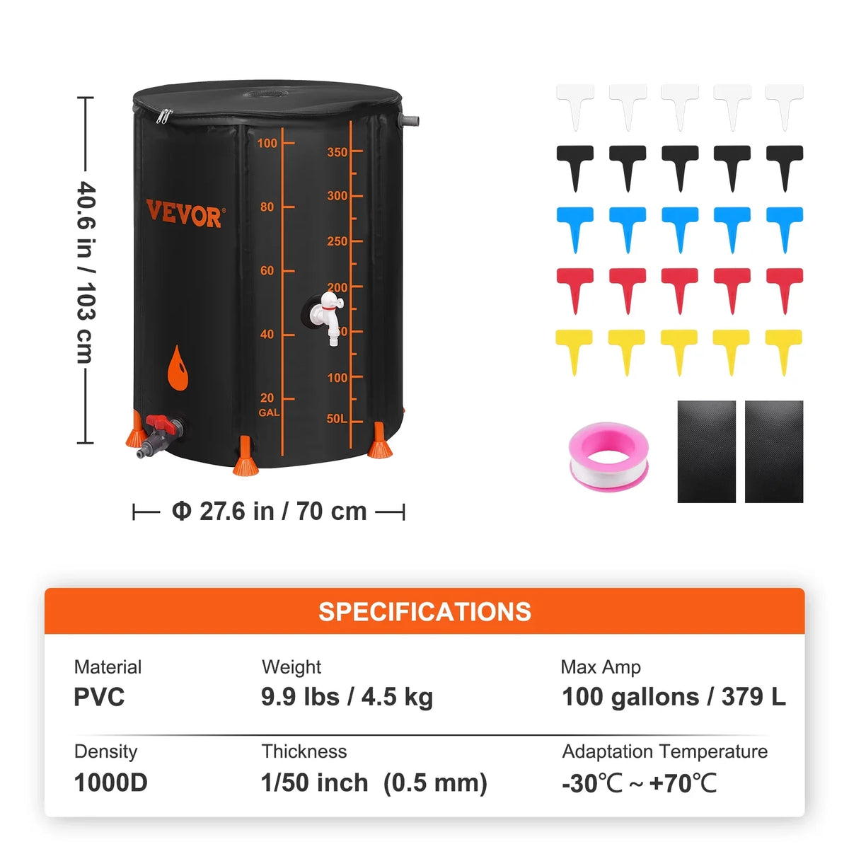 BENTISM Collapsible Rain Barrel, 100 Gallon Large Capacity, PVC Liquid Collection System Including Spigots and Overflow Kit, Portable Liquid Tank Storage Container
