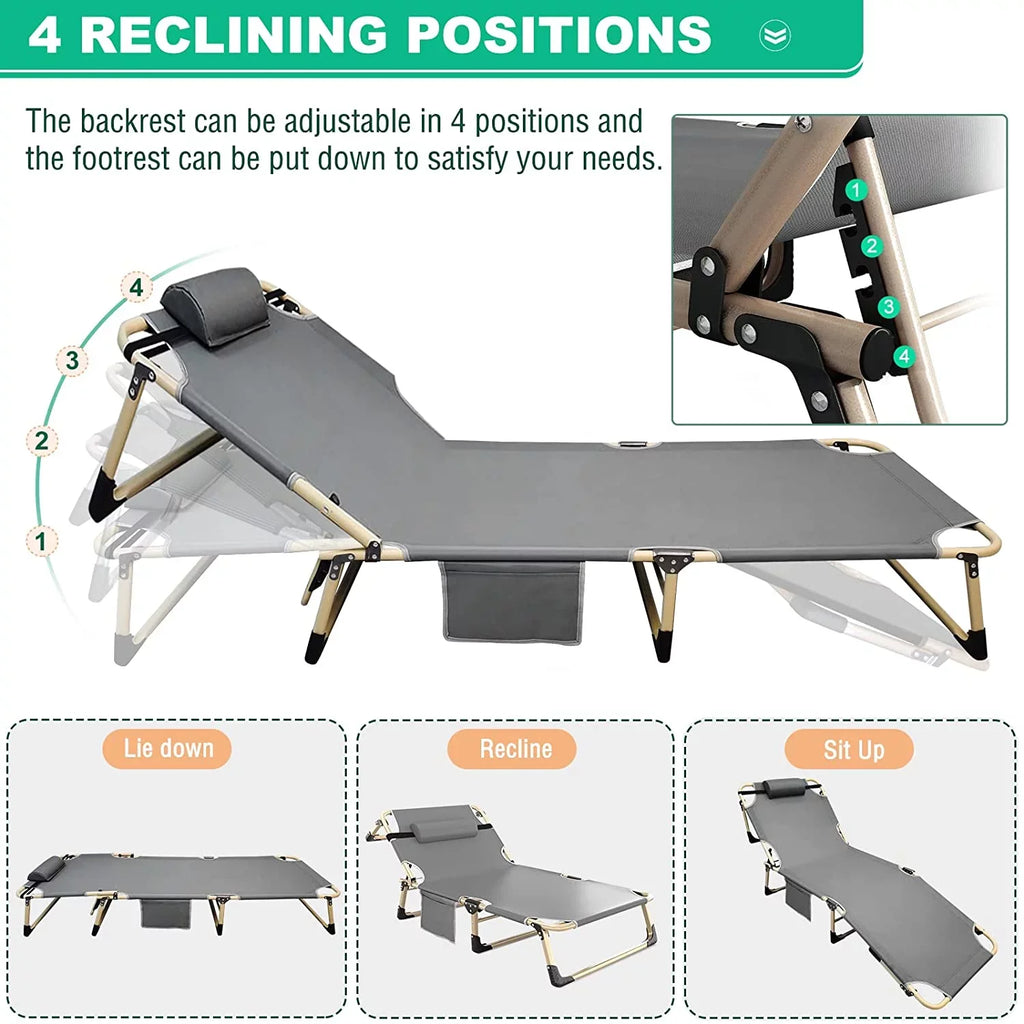 ABORON 4-Fold Portable Folding Chaise Lounge Chair,Camping Cot, with Pillow and Mattress, Adjustable Patio Recliner for Garden Beach Outdoor/Indoor