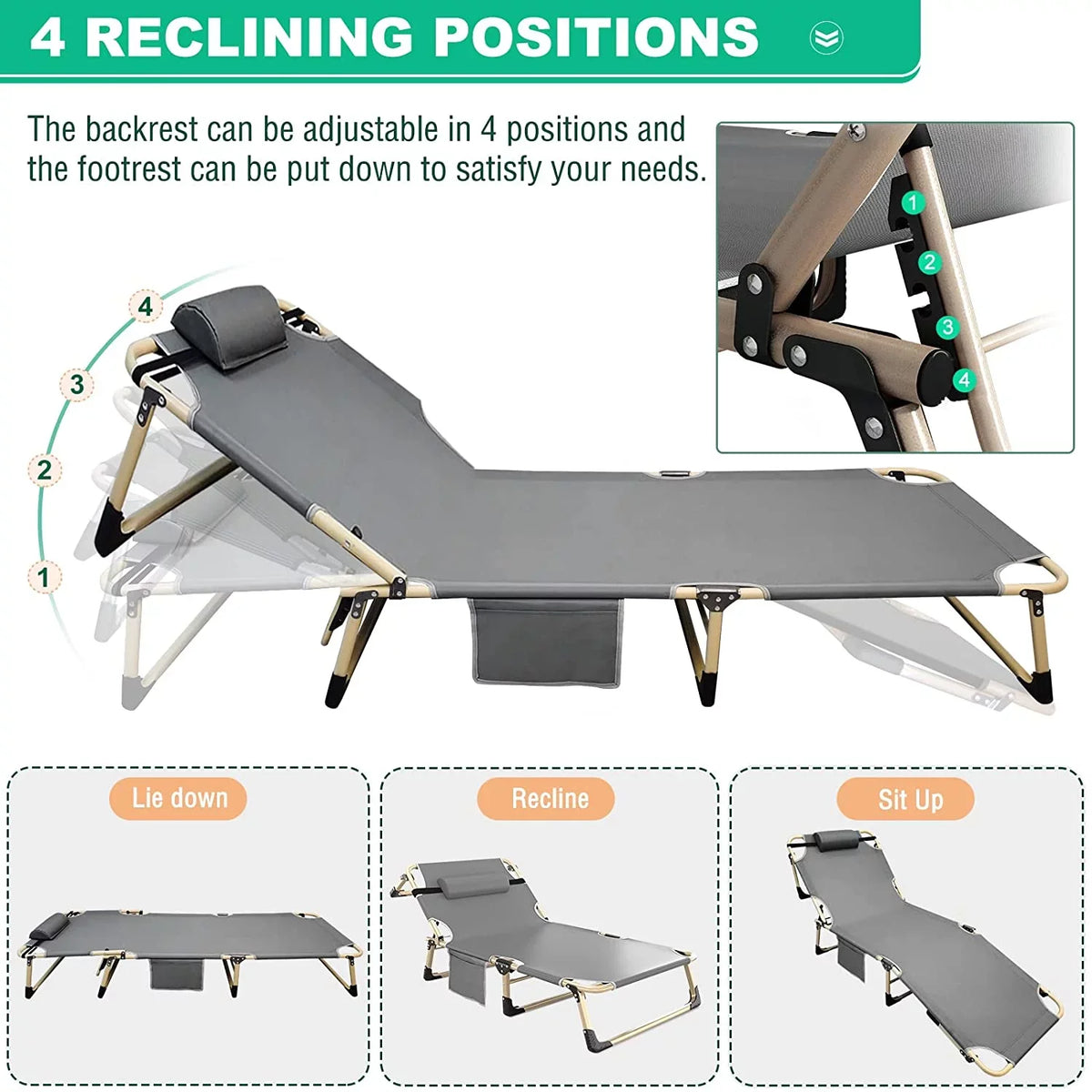 ABORON 4-Fold Portable Folding Chaise Lounge Chair,Camping Cot, with Pillow and Mattress, Adjustable Patio Recliner for Garden Beach Outdoor/Indoor