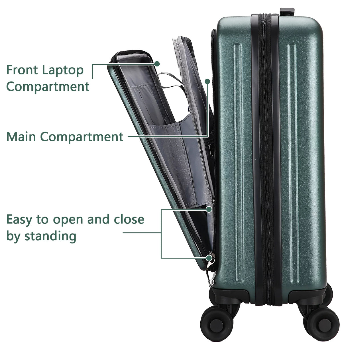 2 Piece 20/24 Luggage Set, Only 20 with Front Portable computer Pocket & Expandle, Lightweight ABS+PC Hardshell Suitcase with TSA Lock & Spinner Wheels, 20 Inch 37~41L + 24 Inch 65L, Dark Green
