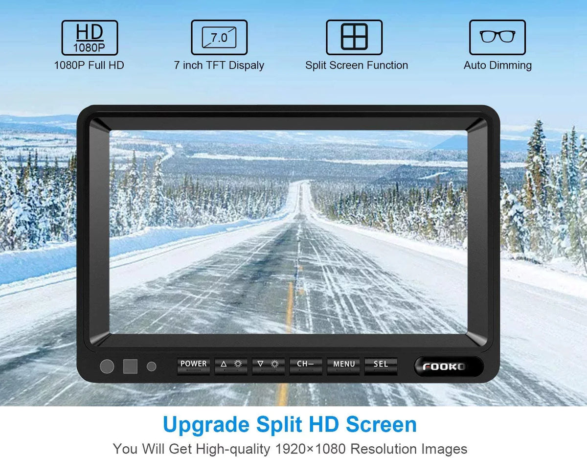 Fookoo HD Backup Camera System, 7'' DVR Split Display Monitor and Liquid Rear View Cameras with Parking Lines Reversing for RV/Truck/Trailer/Bus/Semi-Trailer/Tractor/5th Wheel Trailer(DY704)