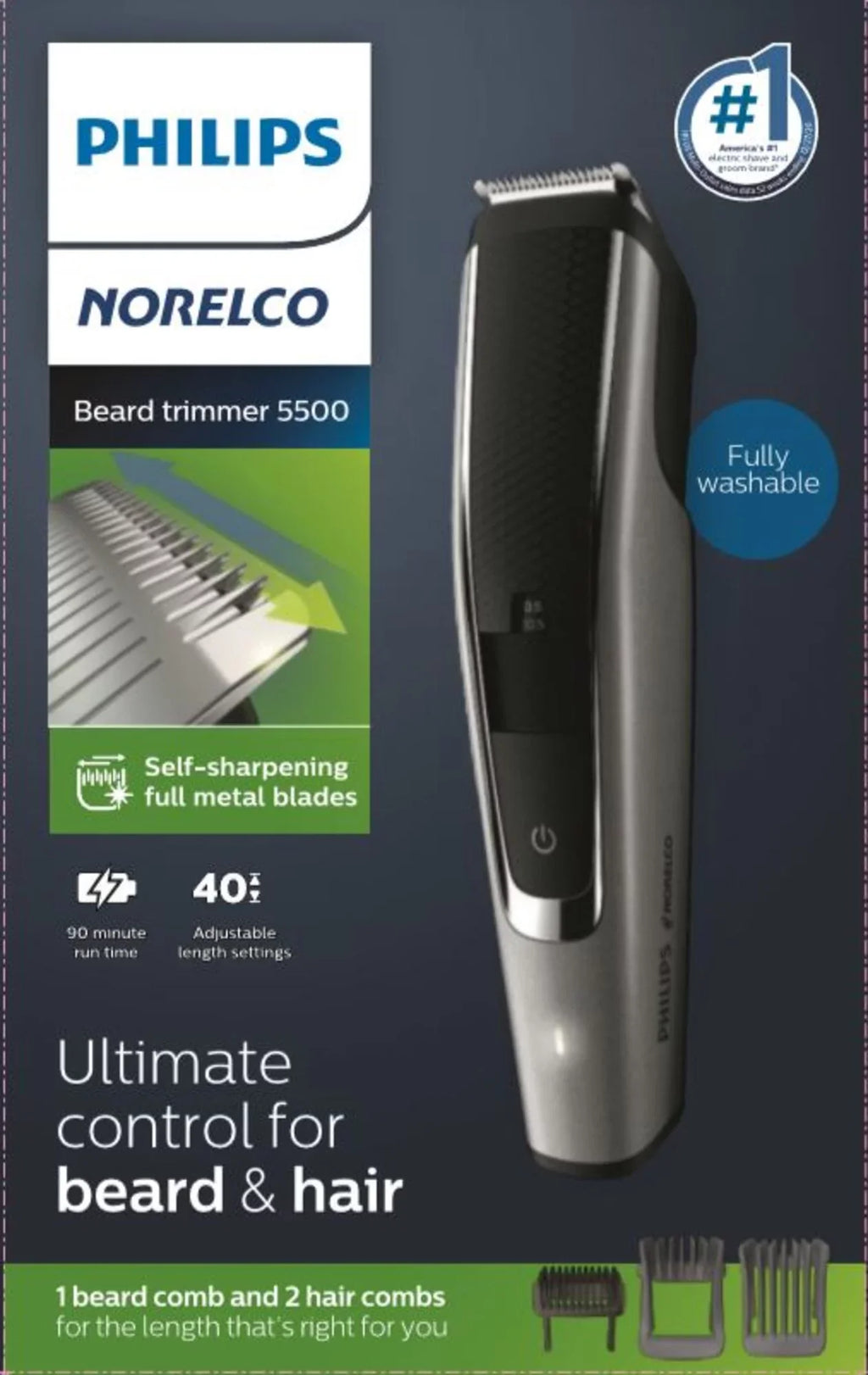 Philips Norelco Beard Trimmer and Hair Clipper Series 5000, Electric, Cordless, One Pass Beard Trimmer and Hair Clipper with Washable Feature For Easy Clean - No Blade Oil Needed - BT5502/40