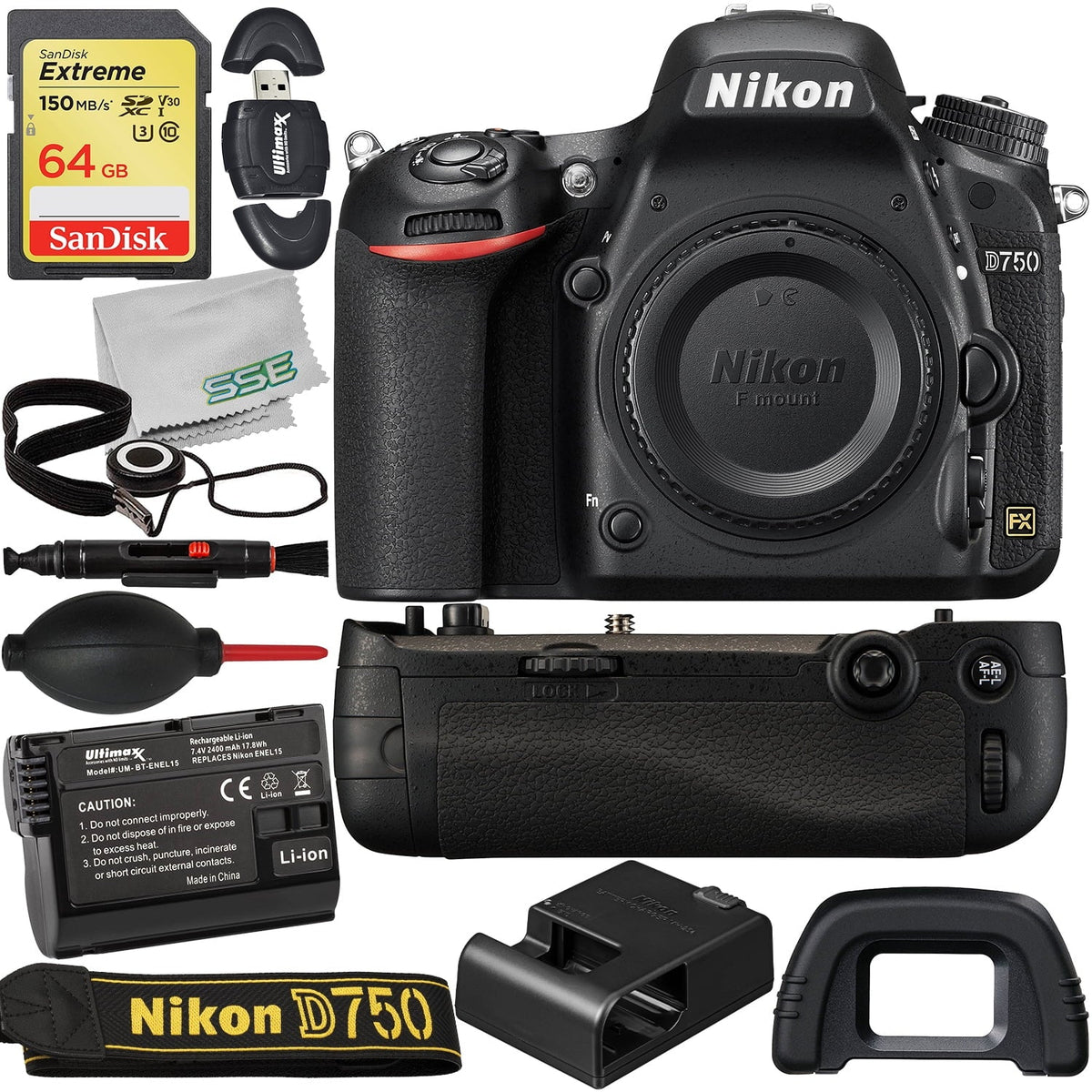 D750 DSLR Camera (Body Only) with MB-D16 Multi Battery Power Pack + SanDisk 64GB Extreme SDXC Memory Card, Extended Life Replacement Battery & More (18pc Bundle)