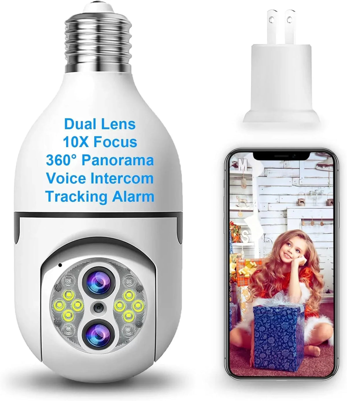 Upgraded 10x Zoom Dual Lens Light Bulb Camera, Liquid Light Bulb Security Camera, 2MP 360° Light Bulb Camera