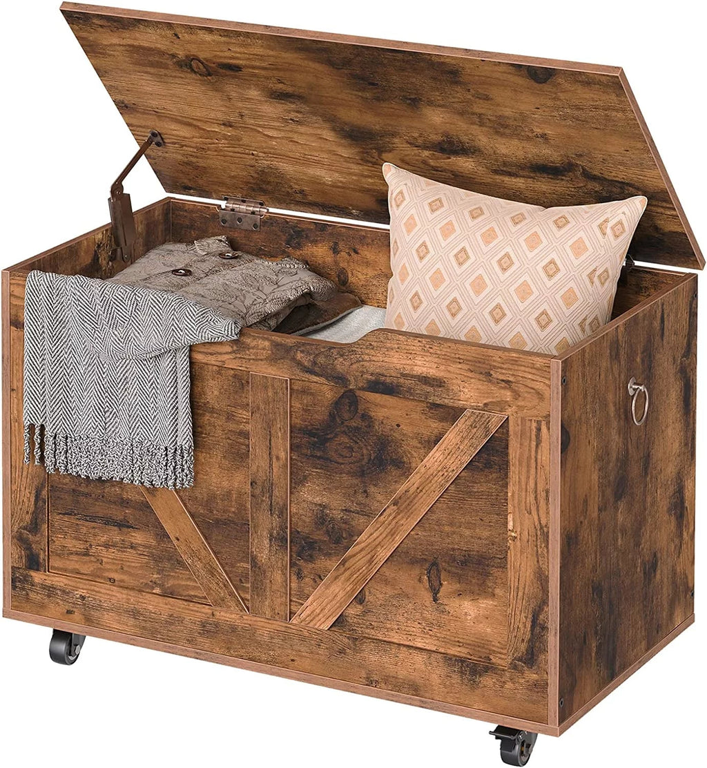 WAGEE Storage Chest, Storage Trunk on Wheels, Sturdy Storage Bench Supports 220 lb, Wooden Entryway Bench, Shoe Bench, Movable, Safety Hinge, U-Shaped Opening, Easy Assembly, Rustic Brown FG74CW01